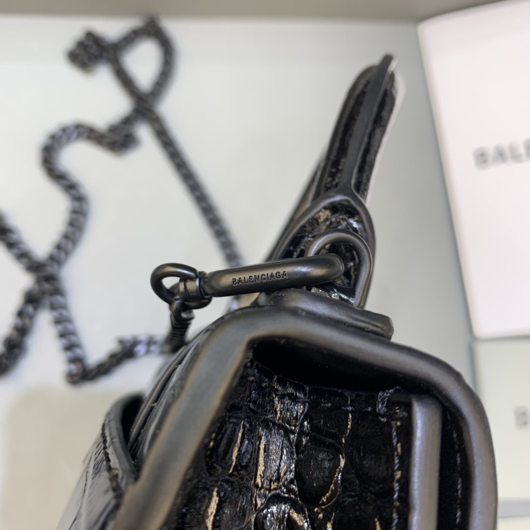 Balenciaga Hourglass Mini Handbag With Chain Crocodile Embossed Shoulder Bag Black